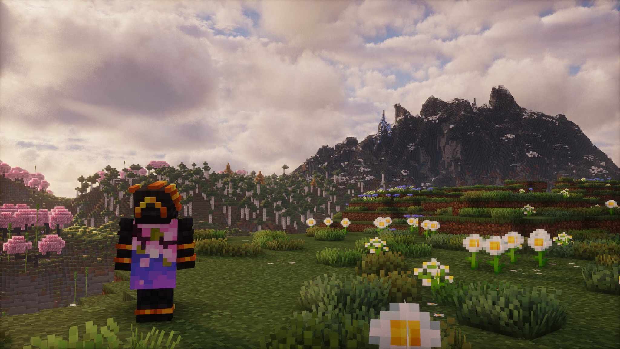 A lone settler walking through a field of wildflowers