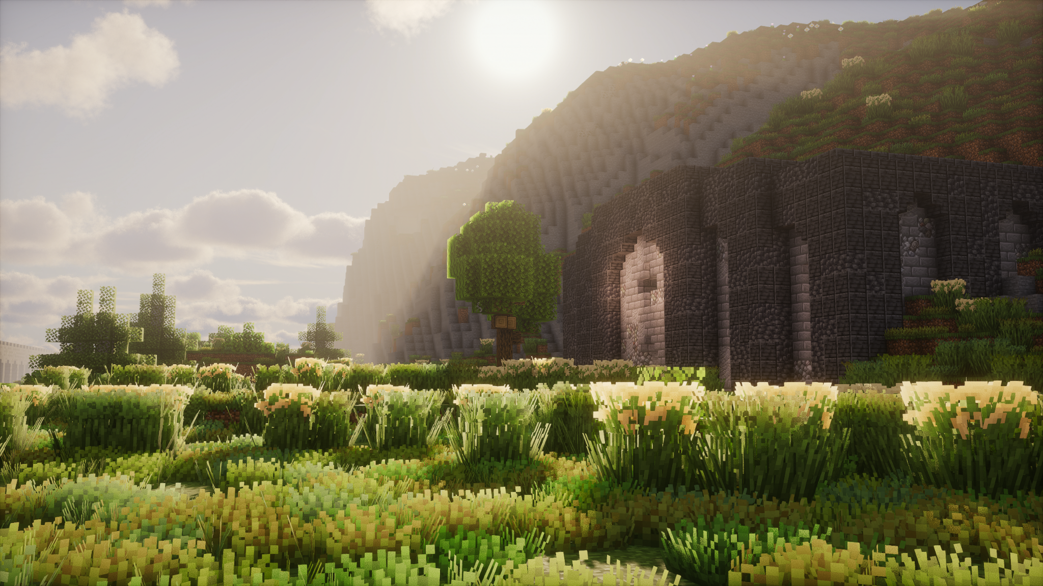 An ancient stone ruin surrounded by open grassland