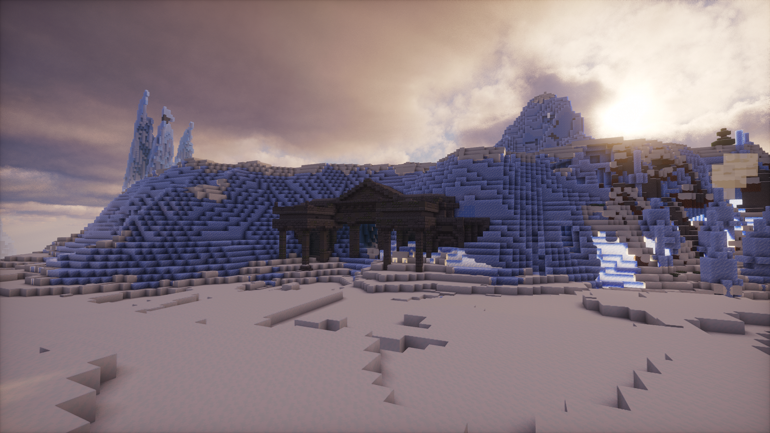 An ancient dark-stone temple uncovered in the Frozen Wasteland